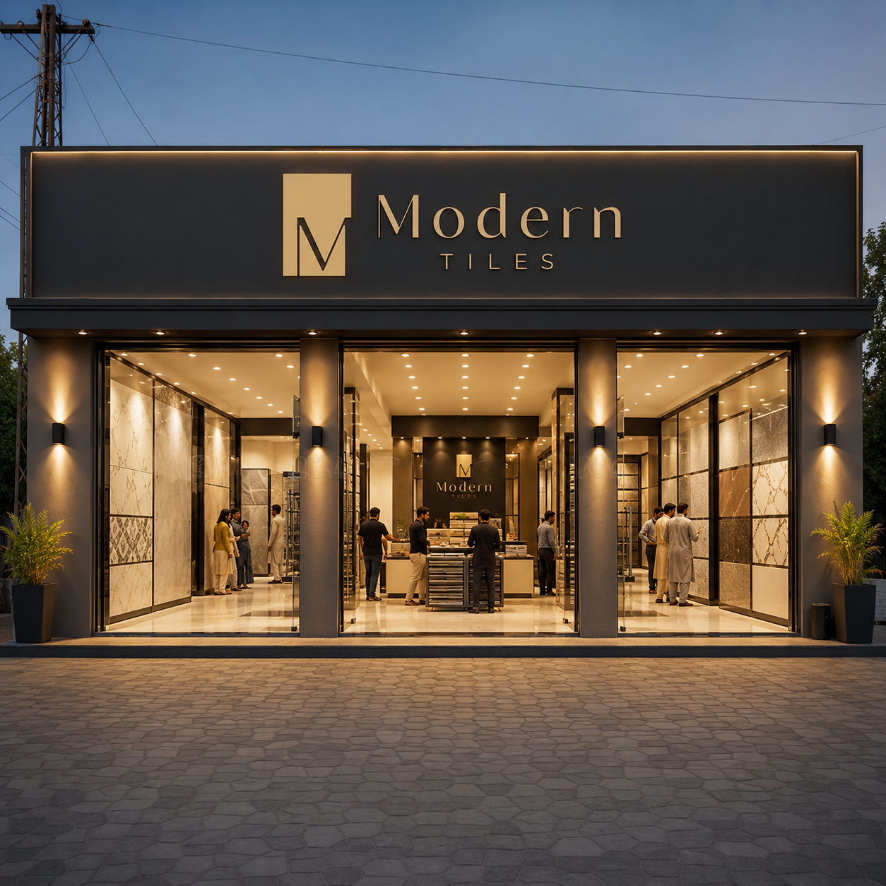 Modern Tiles showroom storefront in Batkhela lit up in the evening