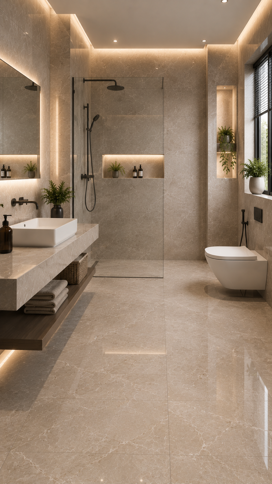 Kitchen and bathroom finished with matching Modern Tiles